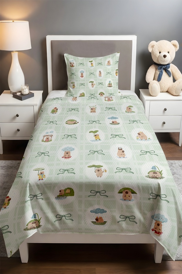 Capybara Patterned Single Baby Kids Pique Set with Bow