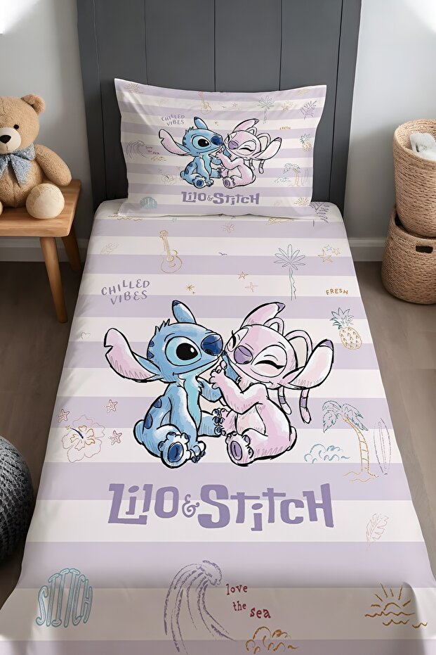 Stich and His Friend Patterned Bedspread and Pillowcase