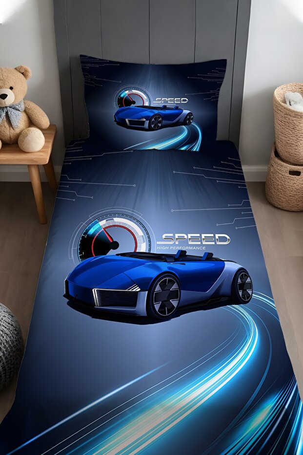 Blue Speed Patterned Bedspread and Pillowcase