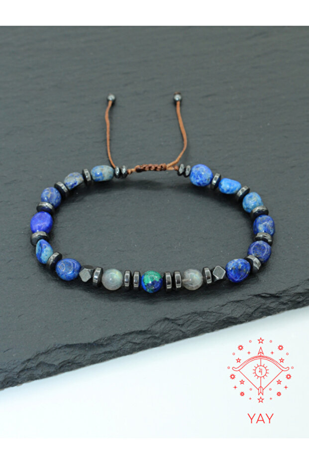 Certified Aa+ Azurite and Malachite Mix, Aa+ Labradorite, Lapis and Hematite Natural Stone Men's Bracelet - Aries Zodiac Sign
