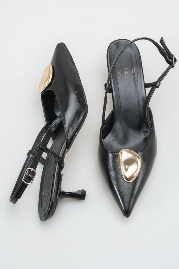 Women's Heeled Shoes - 5 cm Thin Heel Pointed Toe Open Back Stiletto Shoes Black Yanki