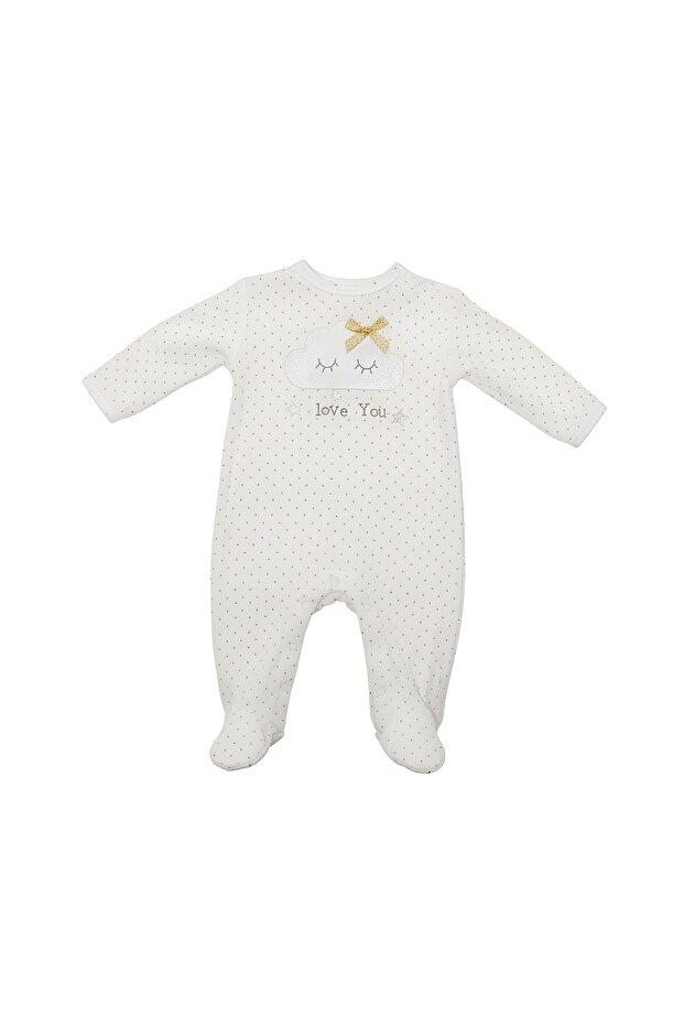 -Print Polka Dot Long Sleeve Bosy Suit - White & Baby Pink
