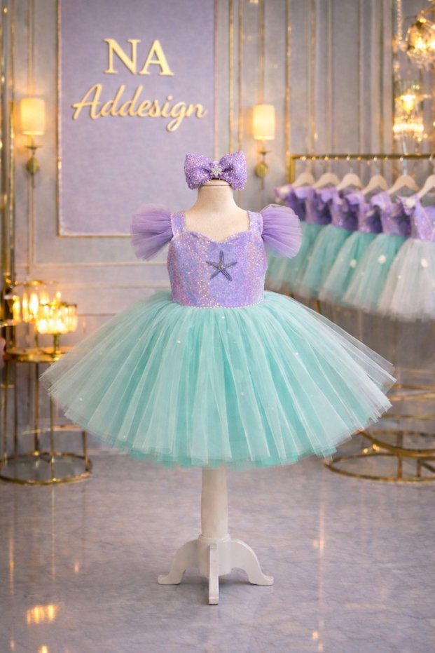 Mermaid Princess Dress for Girls - Special Design with Sparkling Tulle Puffy Skirt and Bow Detail