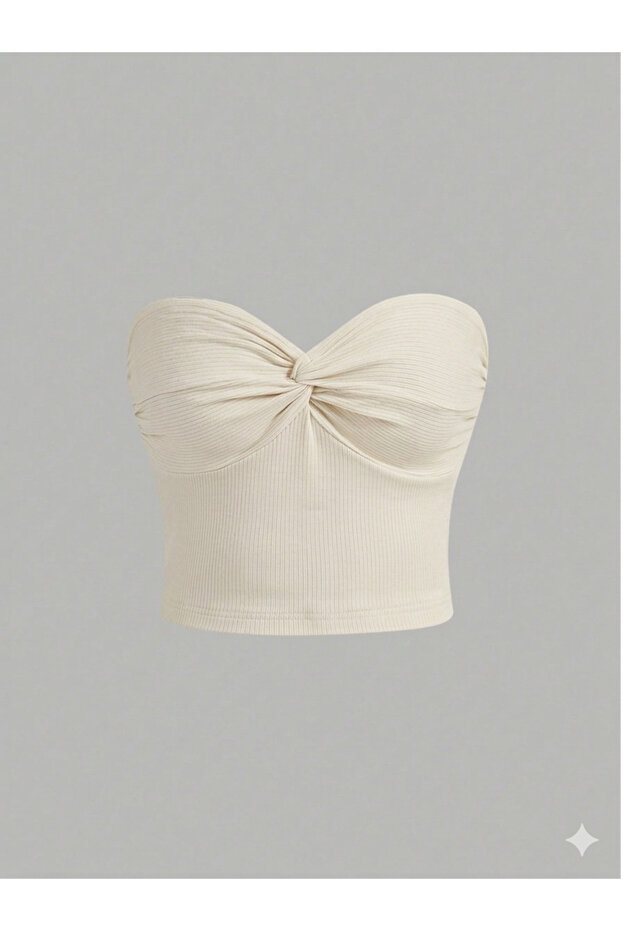 Ecru Strapless Front Knot Detailed Crop Blouse Women's Fit Cut Bustier, Front Knot Strapless Crop Blouse