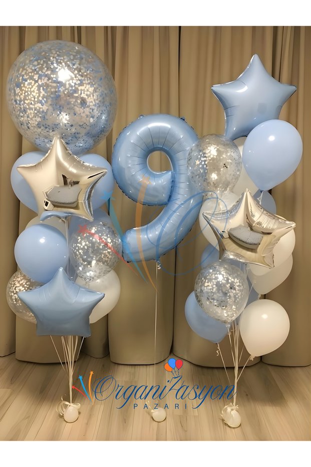 9 Year Old Boy Birthday & Special Occasion Balloon Set Blue Silver Confetti Foil Balloon Bouquet