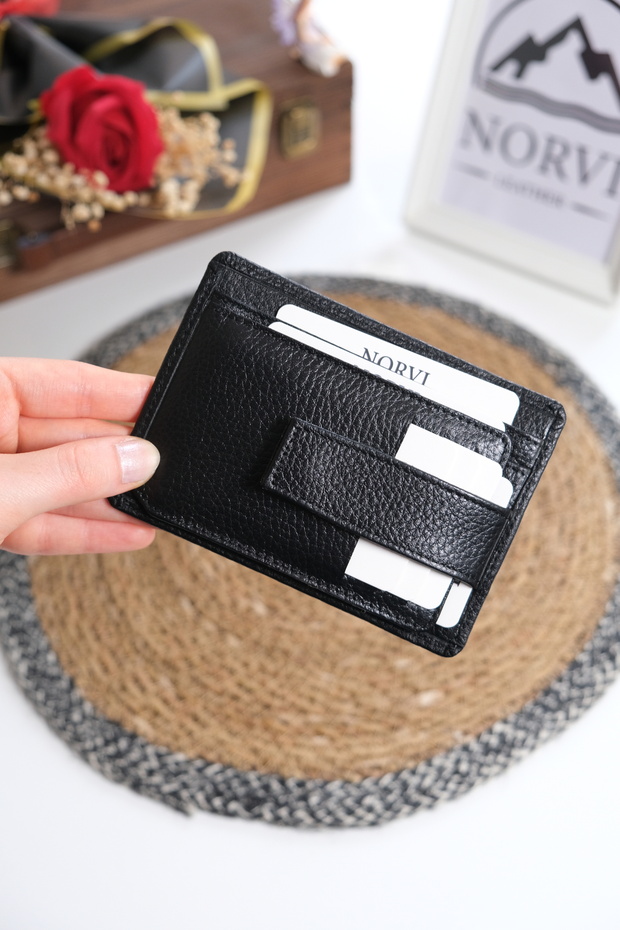 Genuine Leather Card Holder with Coin Compartment and Snap Fastener 1340 Black