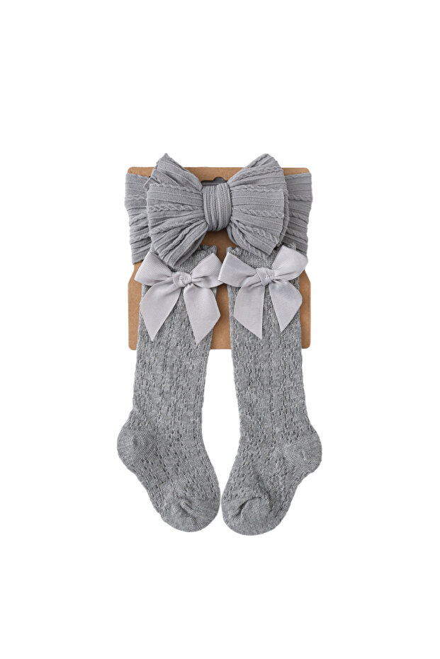 Cozy Cable-Knit Bow Headband & Knee-High Sock Set - Multicolor - 0M to 12M