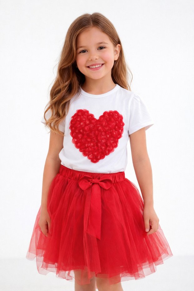 Girl's Heart-Flower-Star T-Shirt Red Tutu Skirt April 23 October 29 Show Outfit Set