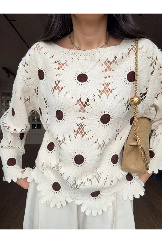 Women's Ecru Daisy Embroidered Laser Cut Openwork Long Sleeve Bohemian Blouse