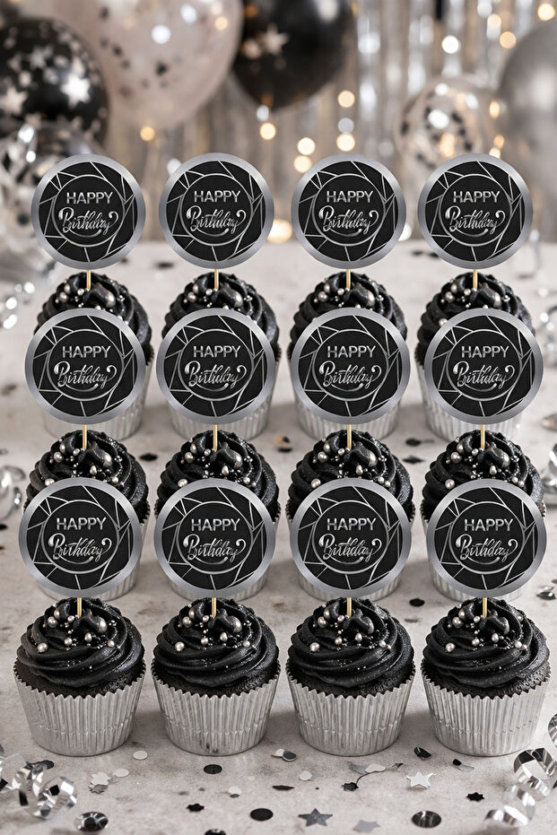 Black Happy Birthday Cake Picks 16 Pieces Black Cake Decoration Cupcake Topper Party
