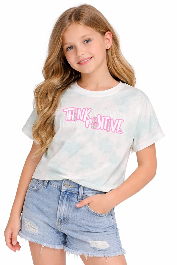 Girl's Think Positive Written Stone Detailed Batik Pattern Short Crop T-Shirt