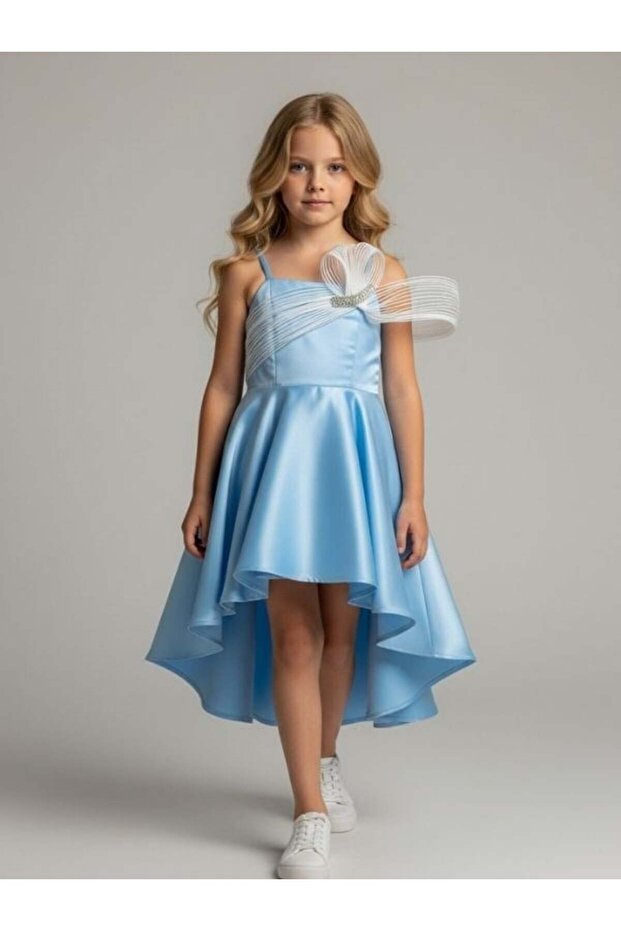Girl's Asymmetrical Cut Stone Detailed Stylish Evening Dress