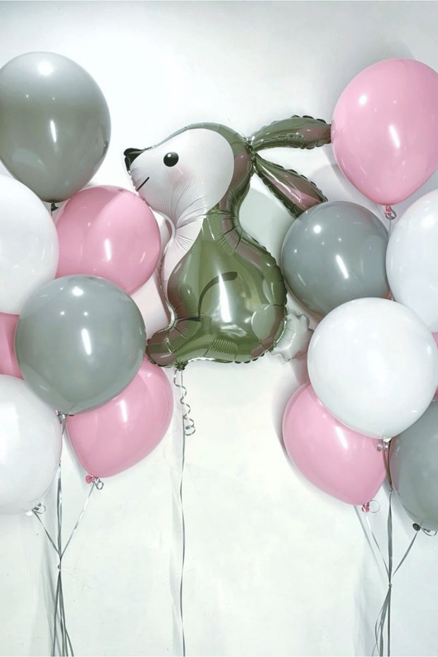 Pink Gray White Balloon Set with Rabbit Figures 15-Piece Birthday Baby Shower Party Decoration