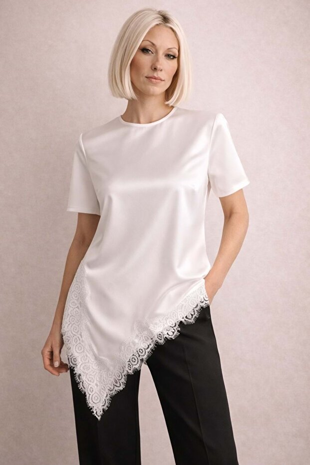 New Season Satin Lace Detail Asymmetrical Blouse with Drop Closure in Ecru Color