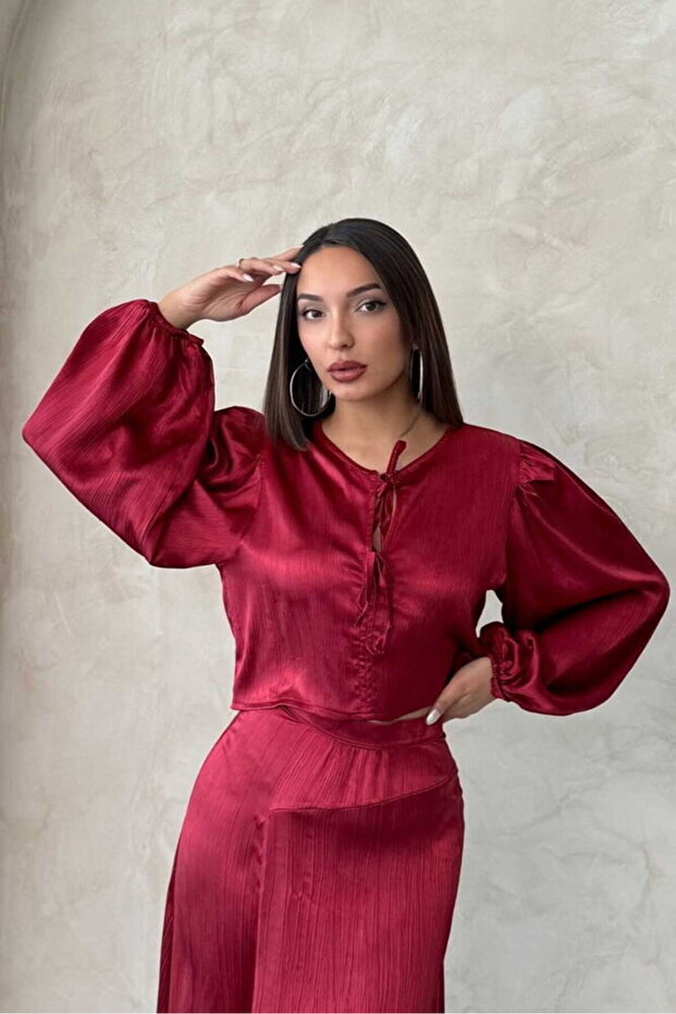Kraşlı Satin Front-Tie Blouse - Burgundy | F1916