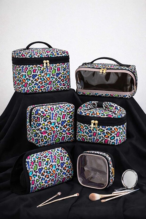 6-Piece Makeup & Organizer Bag Set Stylish Textured Fabric, Zippered, Multi-Purpose for Travel & Daily Use