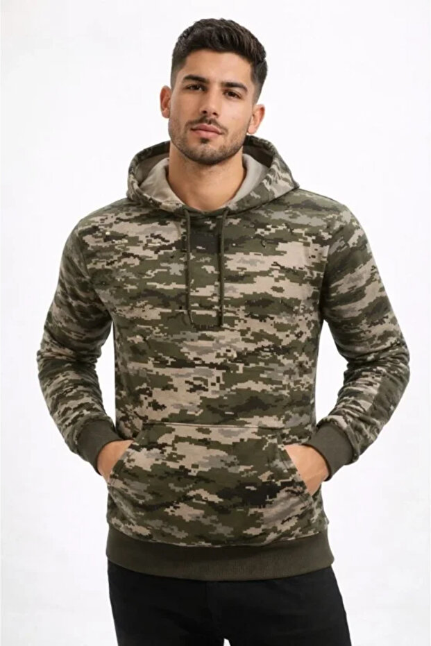 Men's Camouflage Patterned 2 Thread 4 Season Hooded Kangaroo Pocket Hoodie Sweatshirt - Camouflage