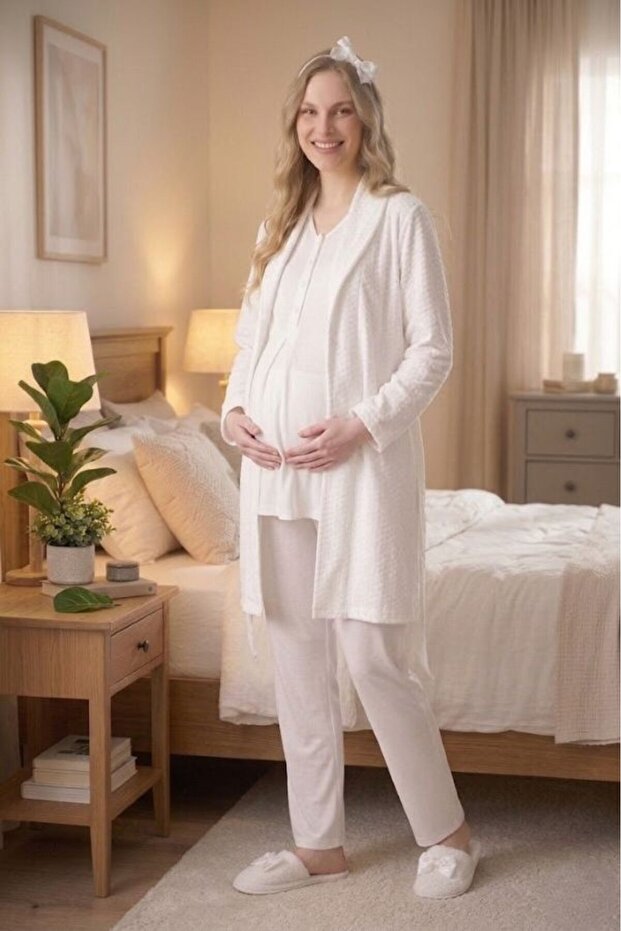 Women's Jacquard Shawl Collar Lace 3-Piece Maternity Pajama Set with Dressing Gown