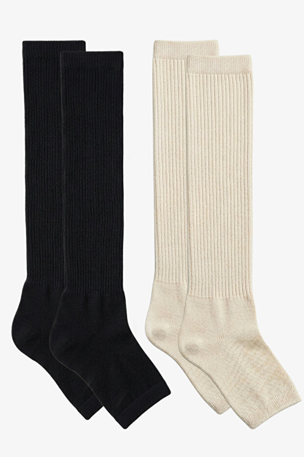 2 Pairs of Fingerless, Thin Ribbed, Above-Knee Cotton Blend Leggings