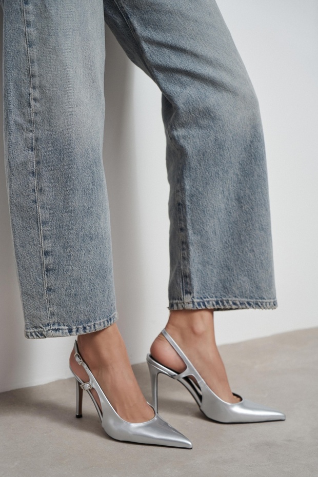 Ladonia Silver Patent Leather Open Back Buckle Detail Women's Heeled Shoes