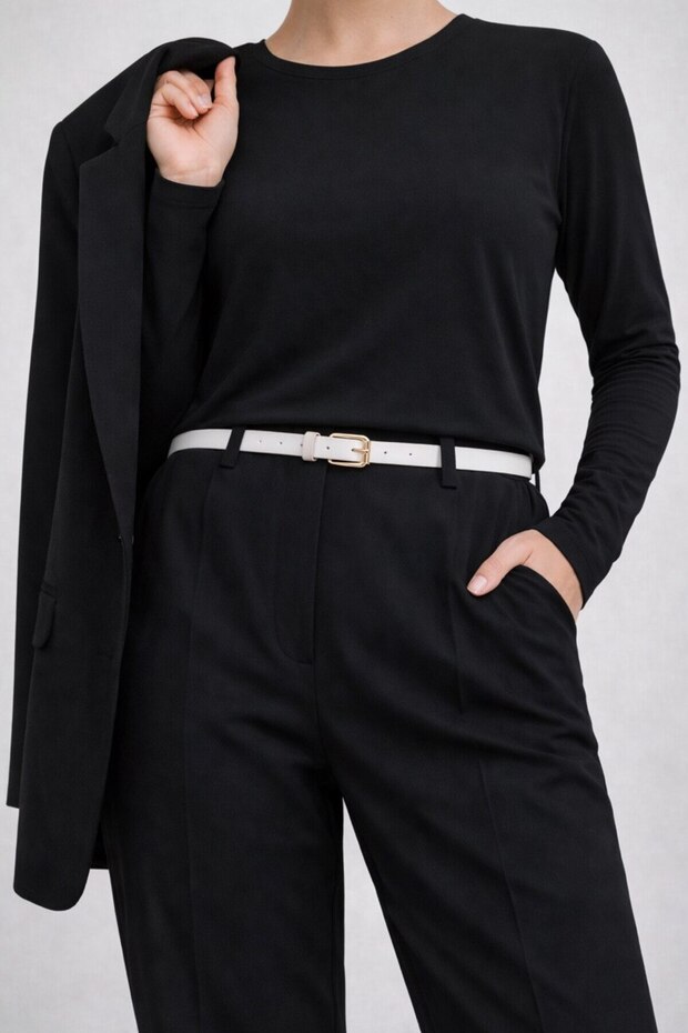 Women's Black Faux Leather Thin Belt with Gold Buckle