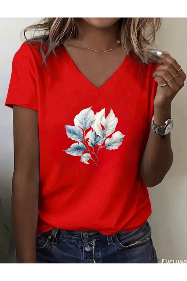 Blue Leaves Printed Women's Oversize V-Neck T-Shirt