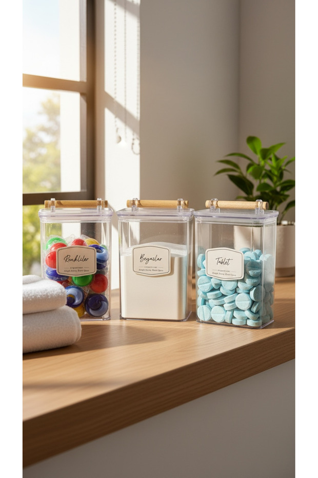 Set of 3 Wooden Handle Lids with Wooden Handles Colored & White & Tablet Jar 2000ml