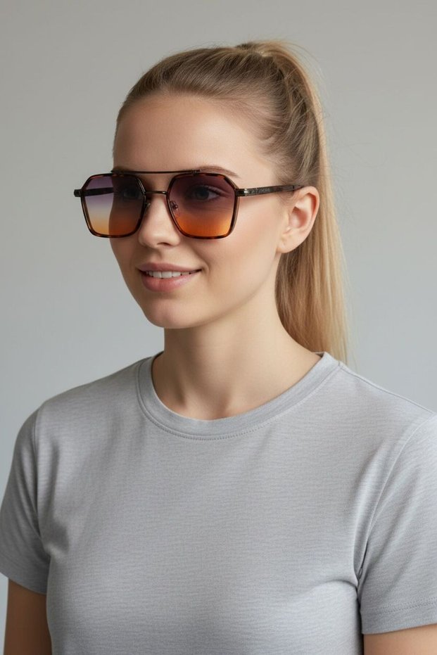 Hexagonal Leopard Print Colored Glass Uv-400 Feature Sunglasses Premium