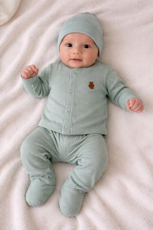 Organic Cotton 3-Piece Baby Set – with Teddy Bear Detail, Suitable for 4 Seasons