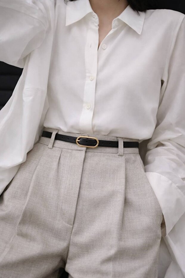 Women's Black Faux Leather Belt with Gold Buckle