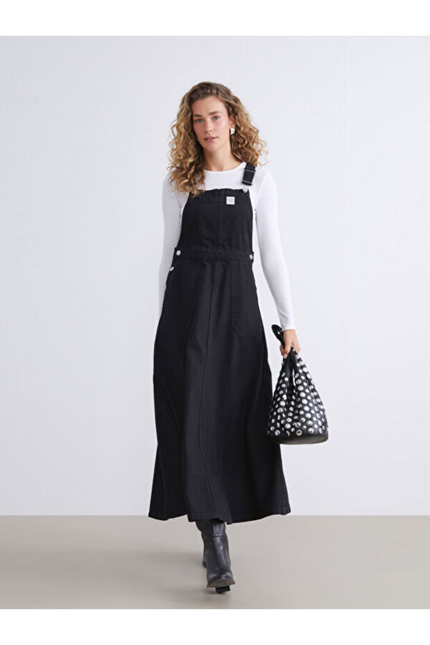 Rmz Gi̇yi̇m Farkiyla Square Roba Collar Jean Salopet Dress