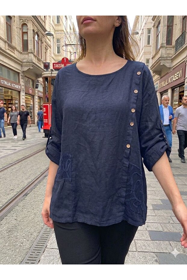 Women's Italian Navy Blue Oversized Loose 100% Linen Blouse with Button Detail