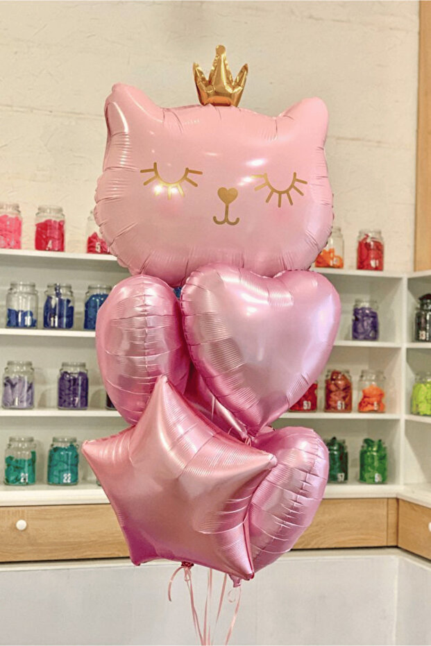 Pink Cat Figured Balloon Set Heart Star 6-Piece Birthday Party Decoration