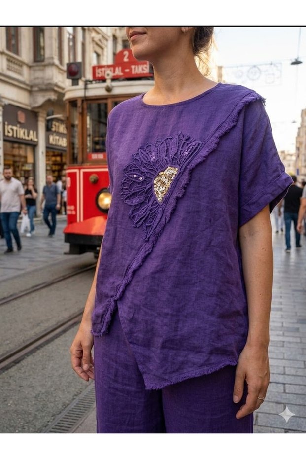 Women's Italian Purple Daisy Embroidered Asymmetrical Short Sleeve 100% Linen Blouse