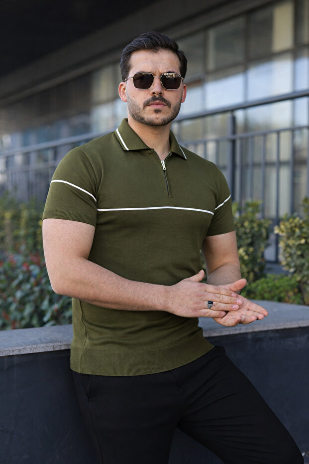 Men's Casual Striped Zippered Knitwear Khaki Polo Neck T-Shirt