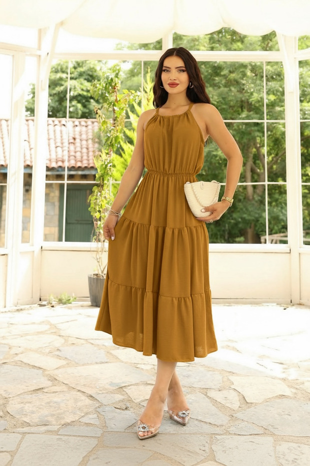 Women's Mustard Color Halter Neck Detailed Japone Sleeve Ayrobin Fabric Plus Size Matching Dress