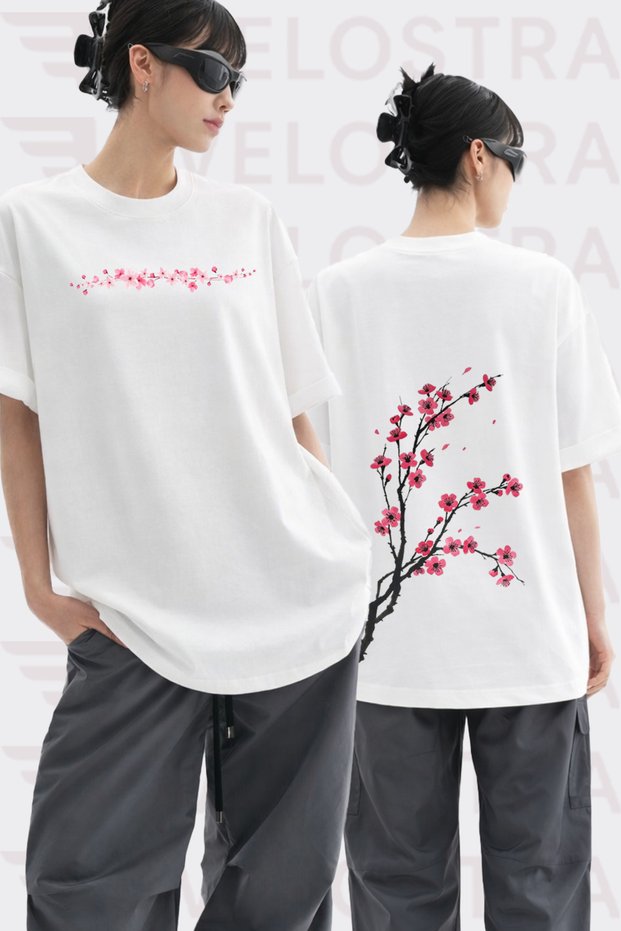 Unisex Sakura Flower Printed Special Design Oversize Comfortable Daily Use Combed Cotton T-Shirt