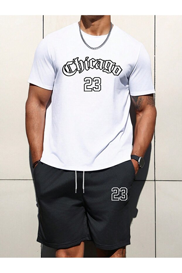 Unisex White-Black Chicago Printed Top and Bottom Shorts T-shirt Set