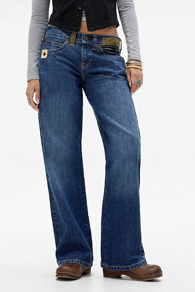 Jasika Extreme Text Detailed Dark Blue Color Low Waist Trousers