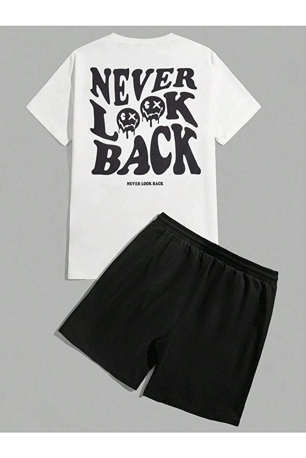 Unisex Back Printed T-Shirt Shorts Set - Crew Neck T-shirt Drawstring Shorts