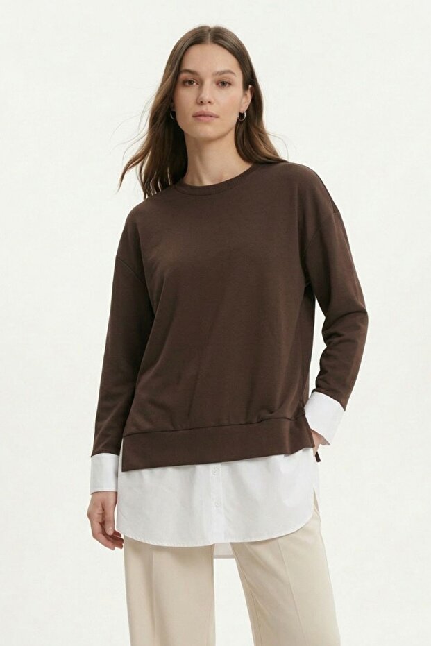 Coffee-Colored Crew Neck Garnished Blouse 8375 - 1