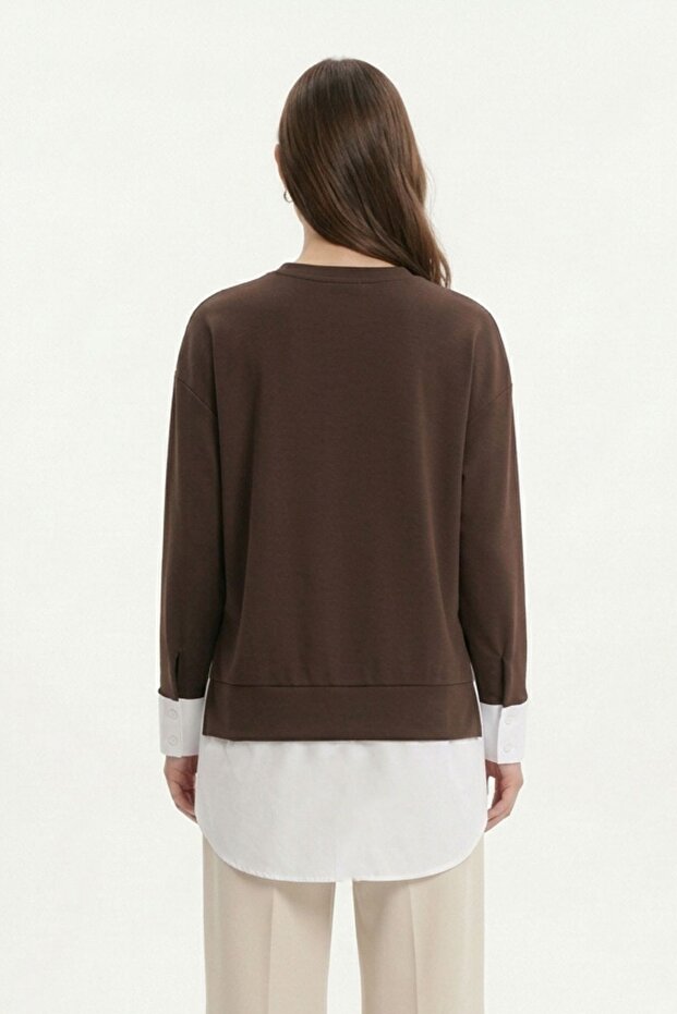 Coffee-Colored Crew Neck Garnished Blouse 8375 - 3