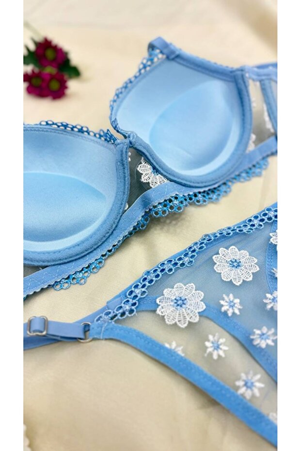 Blue Daisy Patterned Padded Brode Set - 3