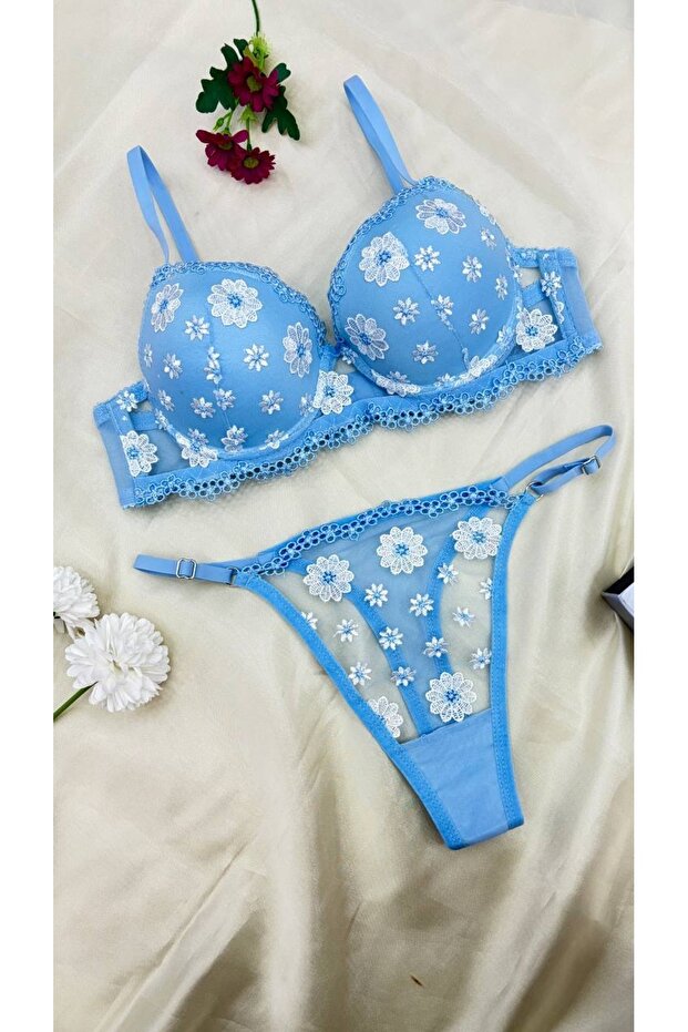 Blue Daisy Patterned Padded Brode Set - 1
