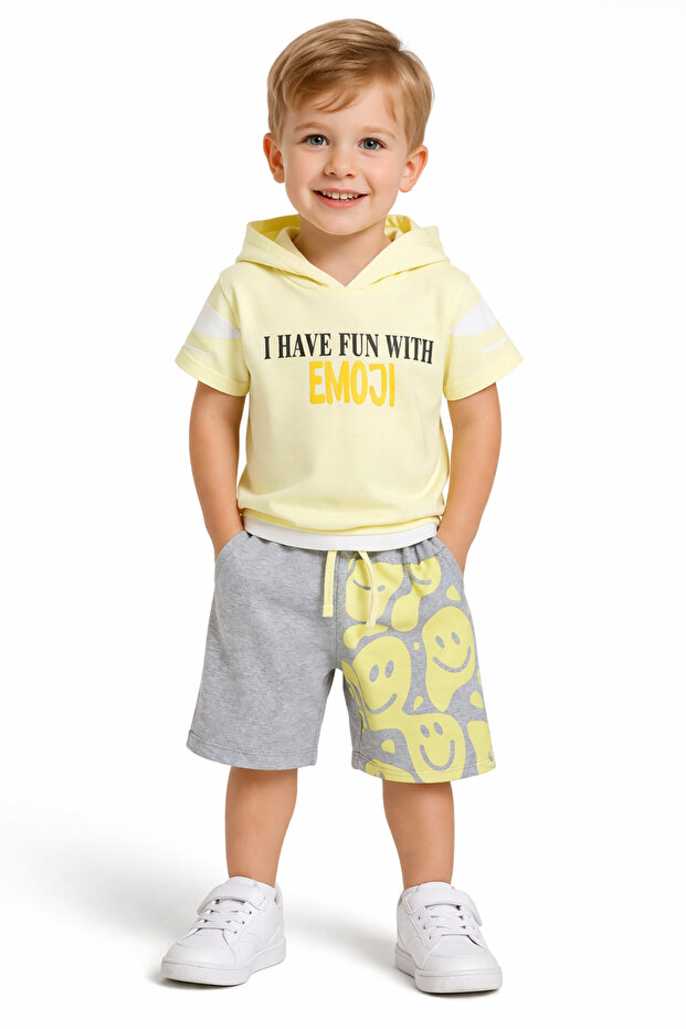 Boy's Emoji Written Smile Patterned Hooded Yellow Color Shorts Set