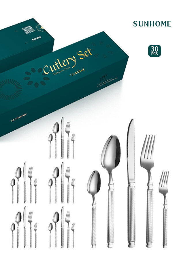 SUNHOME 30-Piece Stainless Steel Cutlery Set Silver