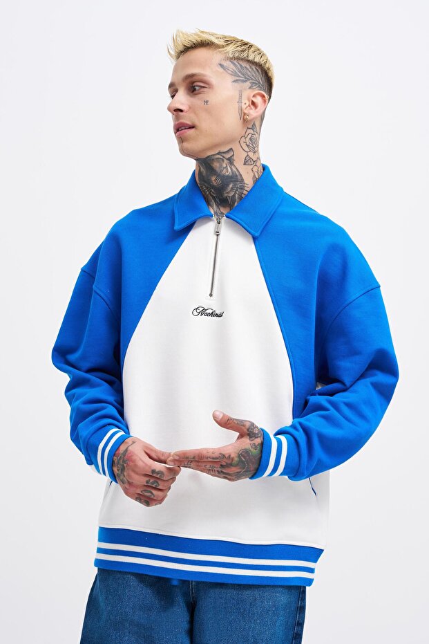 Men's Embroidered Detailed Polo Sweatshirt Ecru-Light Blue