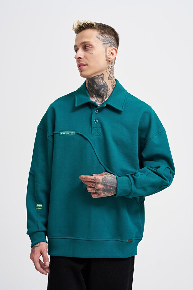 Men's Distressed Stitch Polo Sweatshirt Oil Green