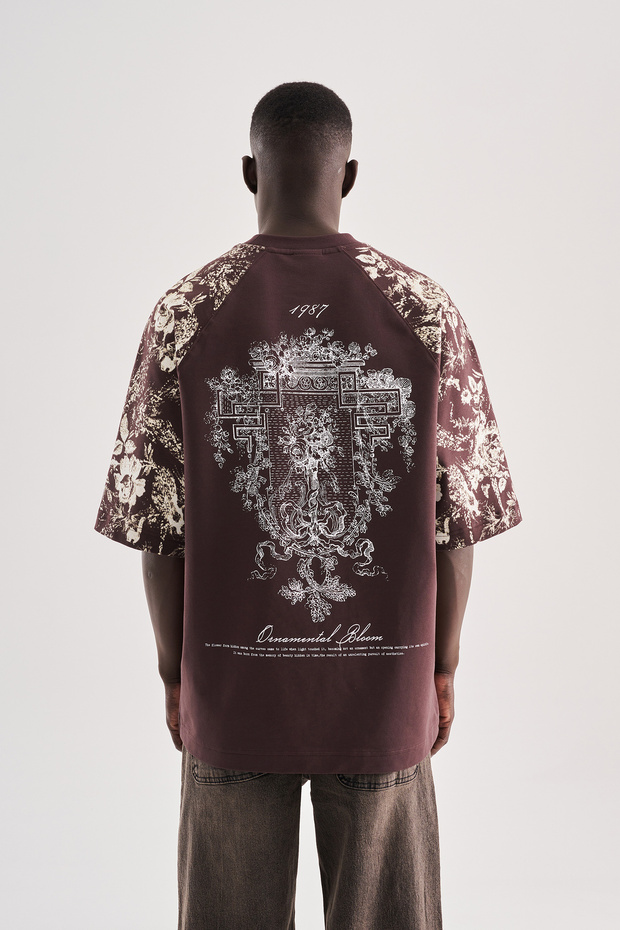 Men's Flower Printed Oversize T-Shirt Brown