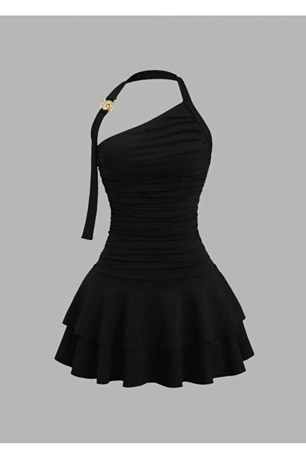 Women's One-Shoulder Layered Skirt with Buckle Detail Design Mini Dress